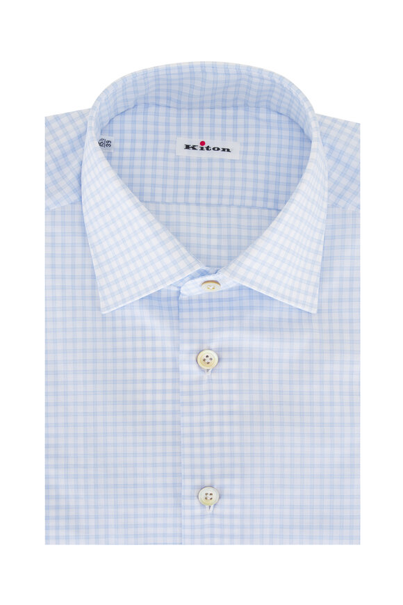 Kiton Light Blue Check Cotton Dress Shirt