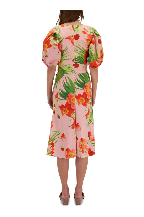 Carolina Herrera - Pink Floral V-Neck Belted Midi Dress