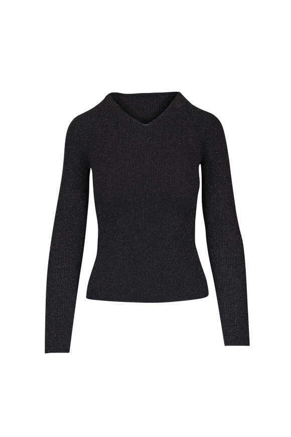 Vince Metallic Ribbed High V-Neck Sweater