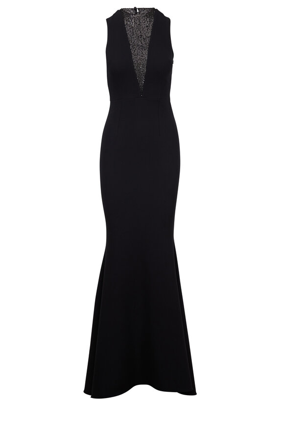 Safiyaa - Jacinta Black Crepe Sequin V-Neck Gown