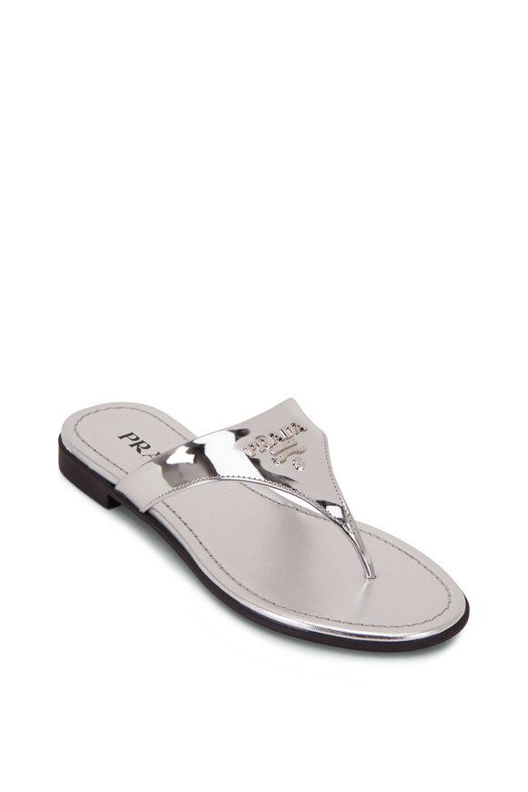 Prada - Silver Leather Logo Thong Sandal