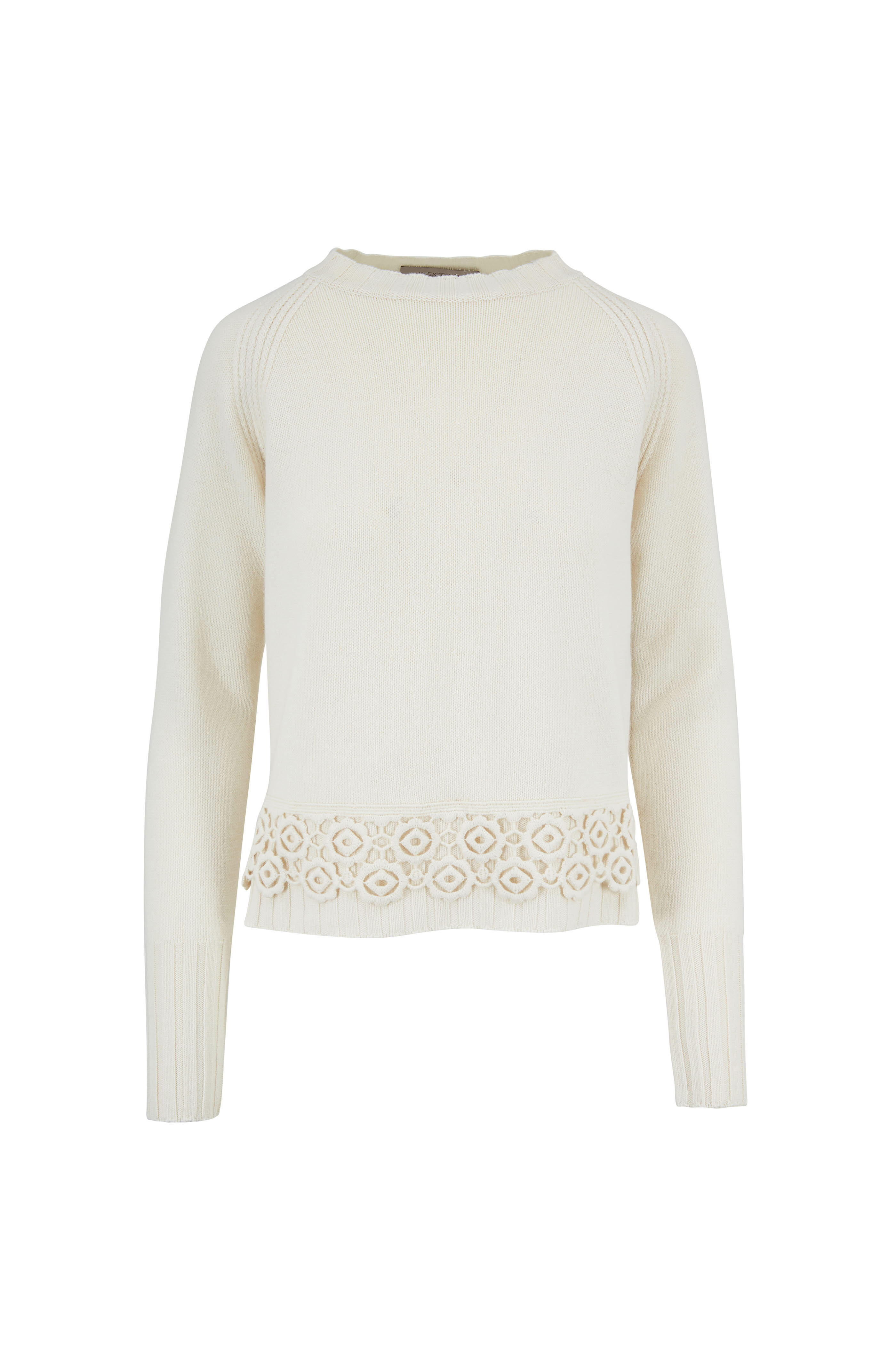 D.Exterior - Cream Wool, Cashmere & Silk Macrame Trim Sweater