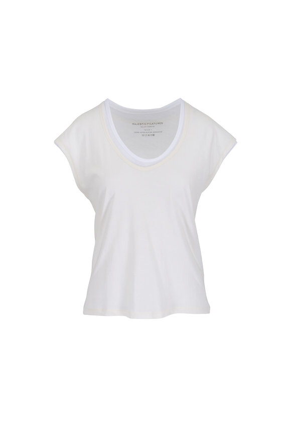 Majestic Cream & White Cotton Double Layer T-Shirt