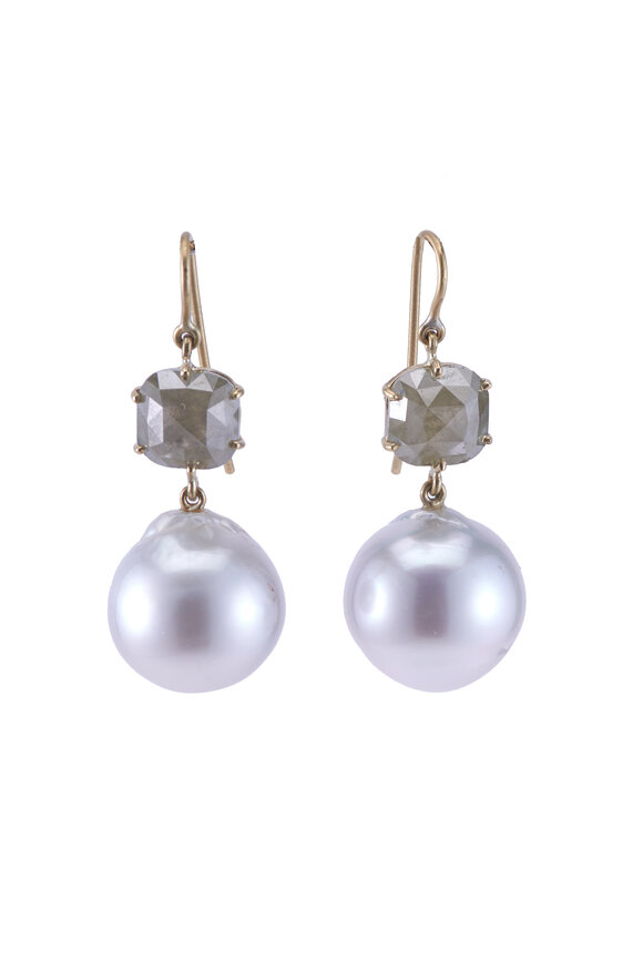 Sylva & Cie South Sea Pearl & Rough Diamond Drop Earrings