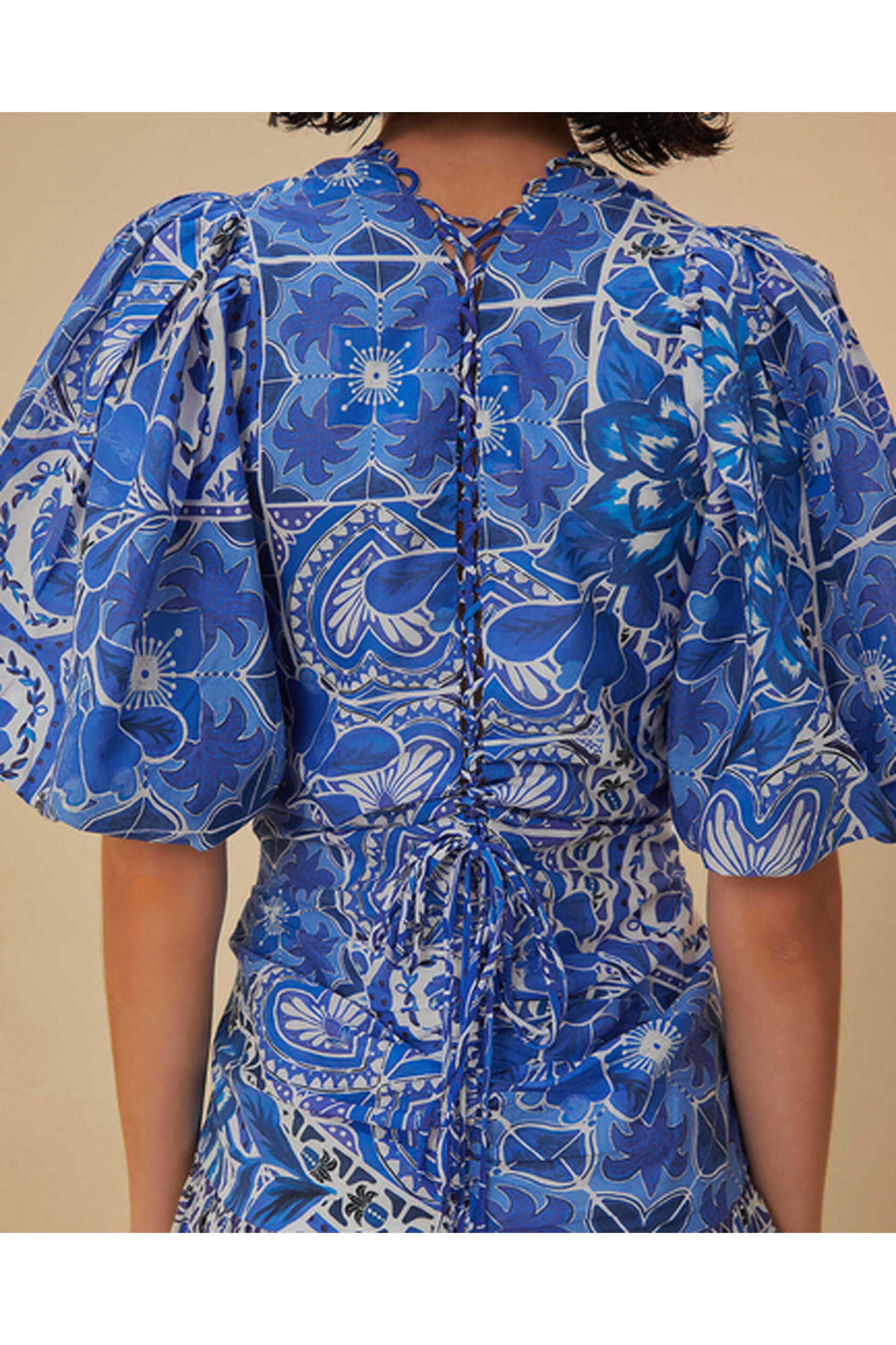 Farm Rio - Blue Tile Print Short Sleeve Mini Dress