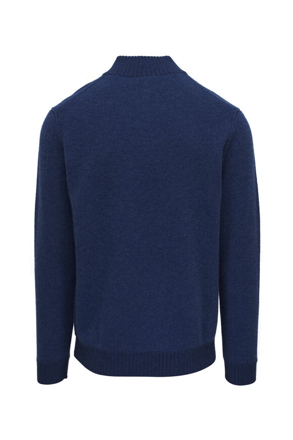 Kinross - Navy Piqué Plaited Cashmere Quarter Zip Sweater