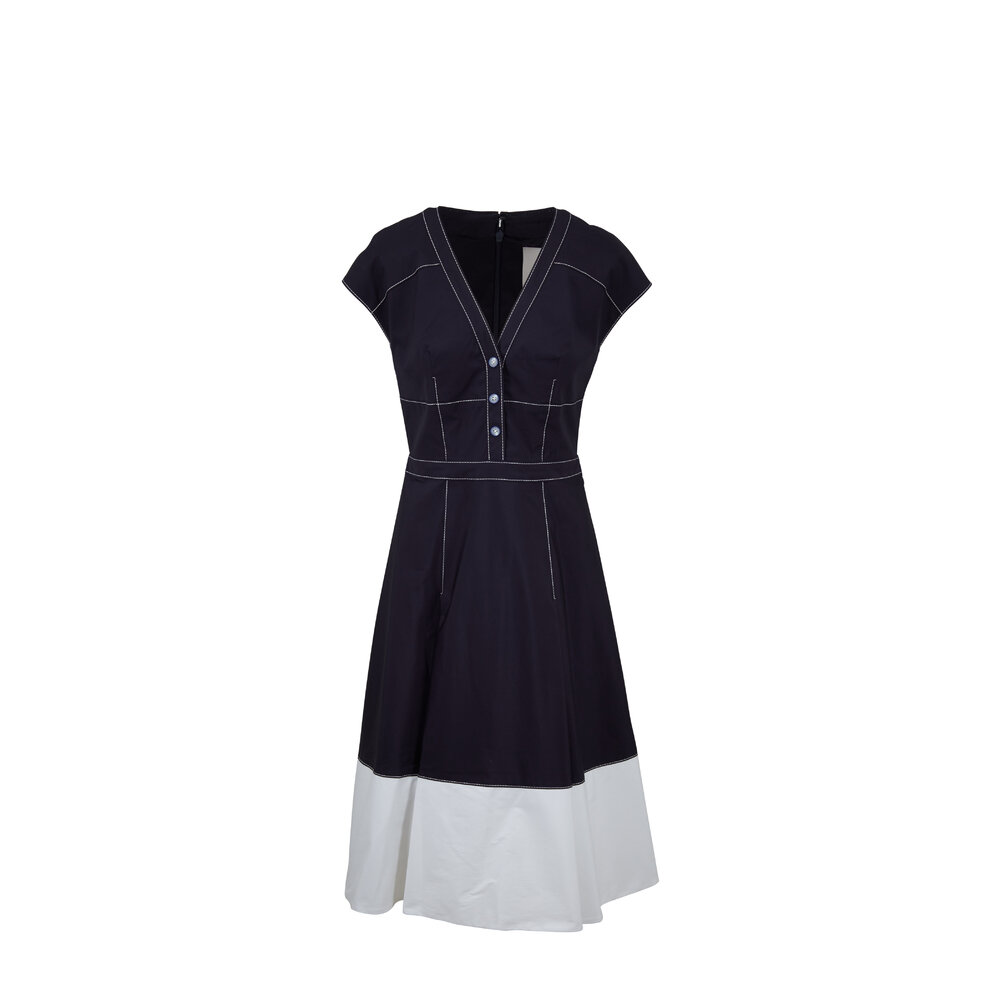 Carolina Herrera - Navy Blue Contrast Seam Cap Sleeve Dress