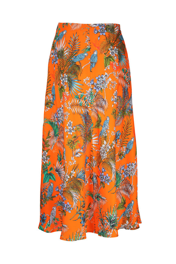 L'Agence - Clarisa Orange Multi Parrot Bias-Cut Midi Skirt