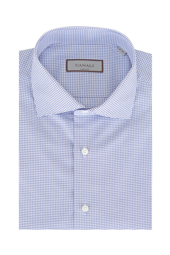 Canali Blue & White Micro Tattersall Cotton Dress Shirt - view 1