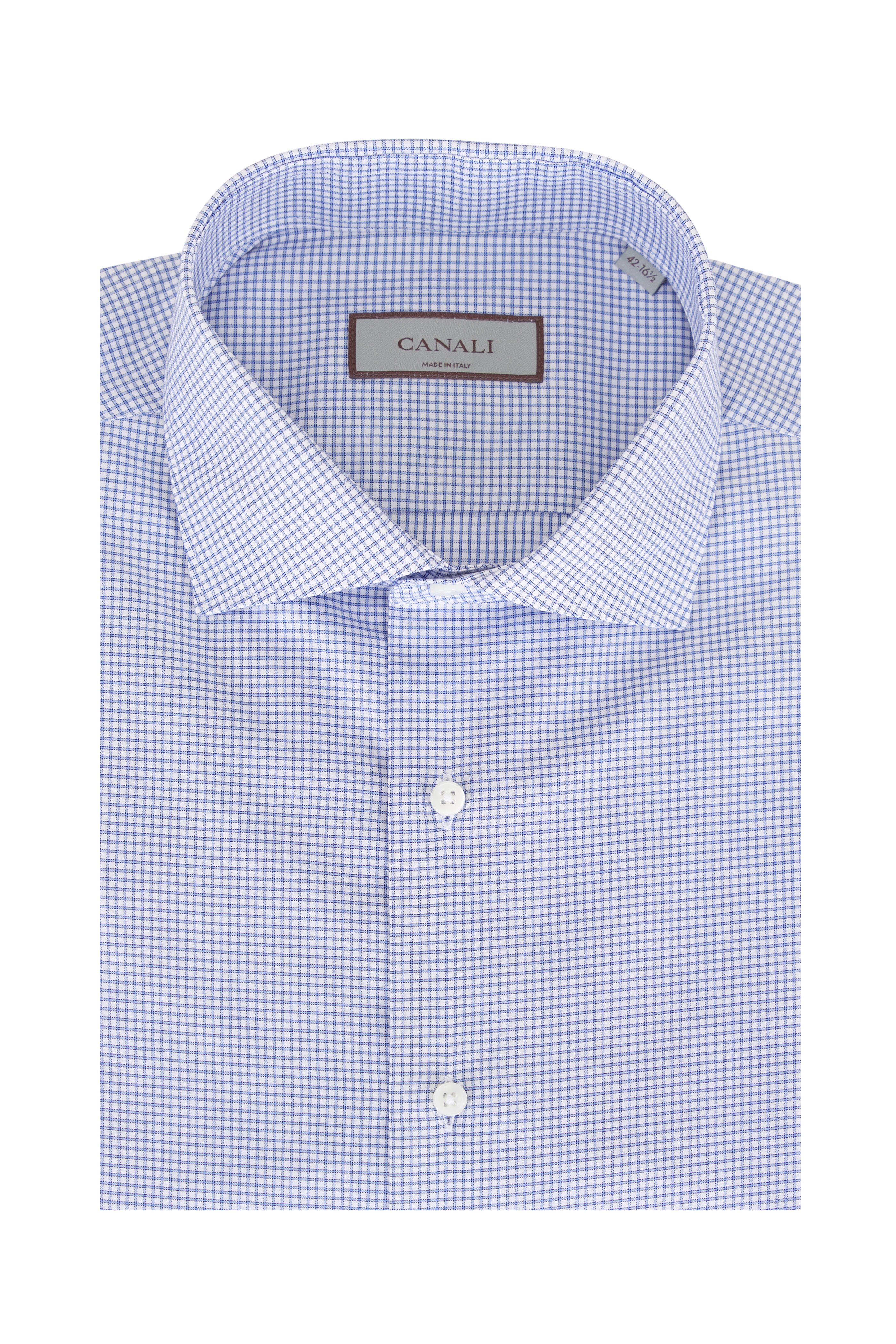 Canali - Blue & White Micro Tattersall Cotton Dress Shirt - view 1