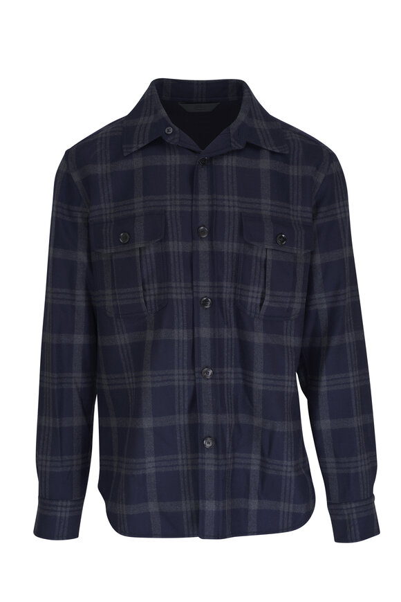 Brioni  Windowpane Navy & Gray Wool Overshirt