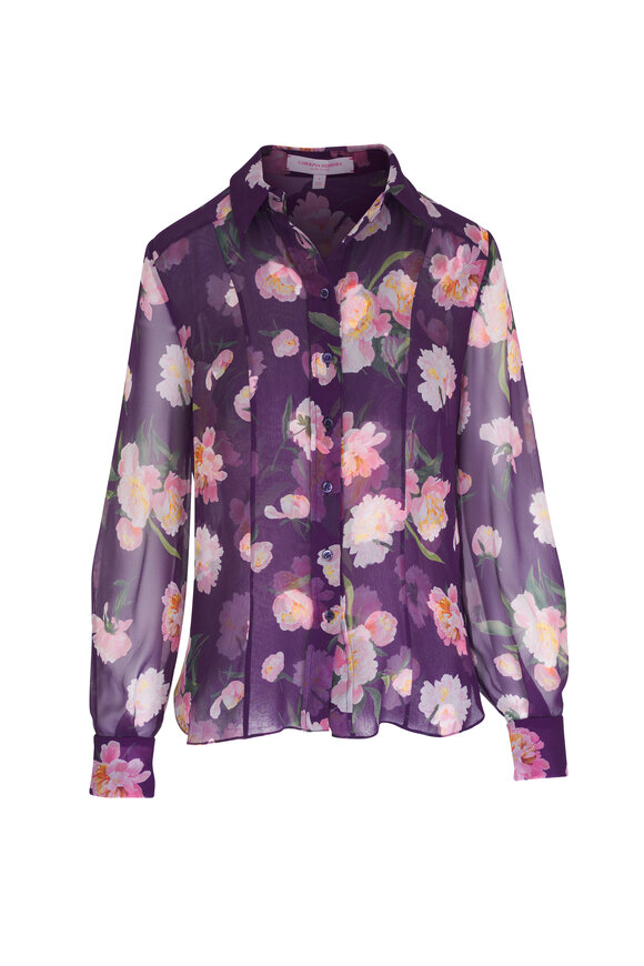 Carolina Herrera Fig Multicolor Floral Print Silk Blouse