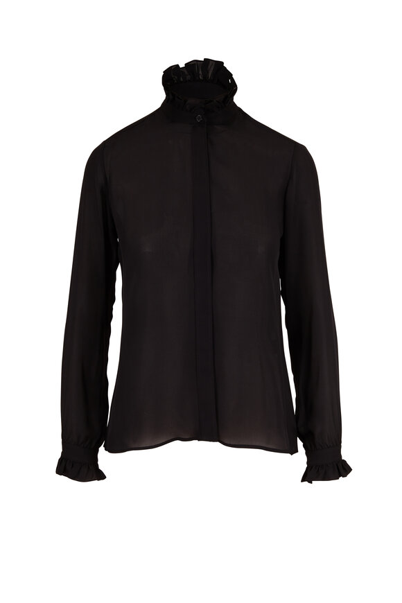 Nili Lotan - Orin Black Silk Ruffled Collar Blouse 