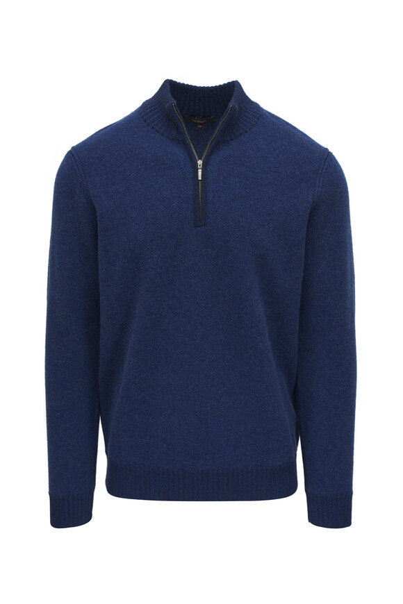 Kinross Navy Piqué Plaited Cashmere Quarter Zip Sweater