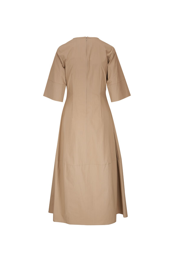 Antonelli - Dark Tan V-Neck Stretch Cotton Fit & Flare Dress 