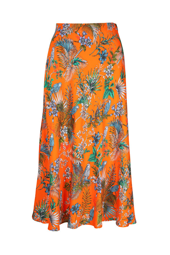 L'Agence - Clarisa Orange Multi Parrot Bias-Cut Midi Skirt