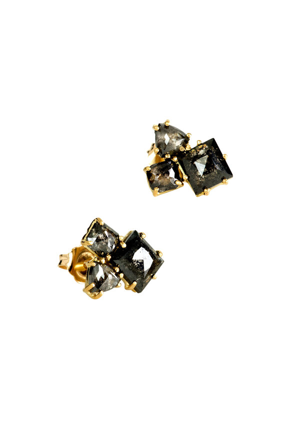 Sylva & Cie - 18K Yellow Gold Gray Diamond Cluster Earrings