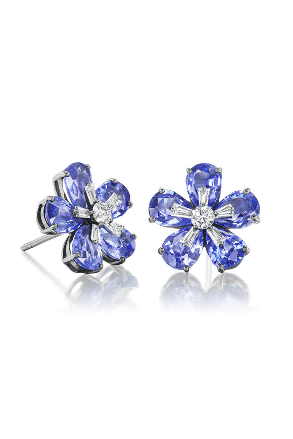 Nam Cho 18k Blue Sapphire Diamond Wildflower Stud Earrings
