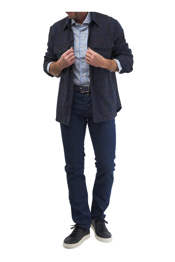 Isaia - Navy Blue Cashmere Donegal Plaid Overshirt