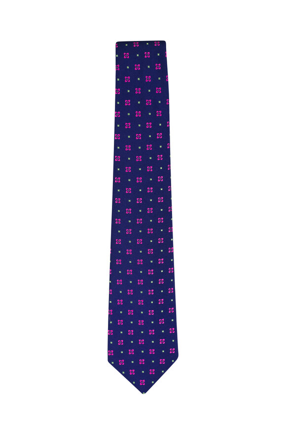 Kiton Navy & Pink Floral Medallion Silk Necktie