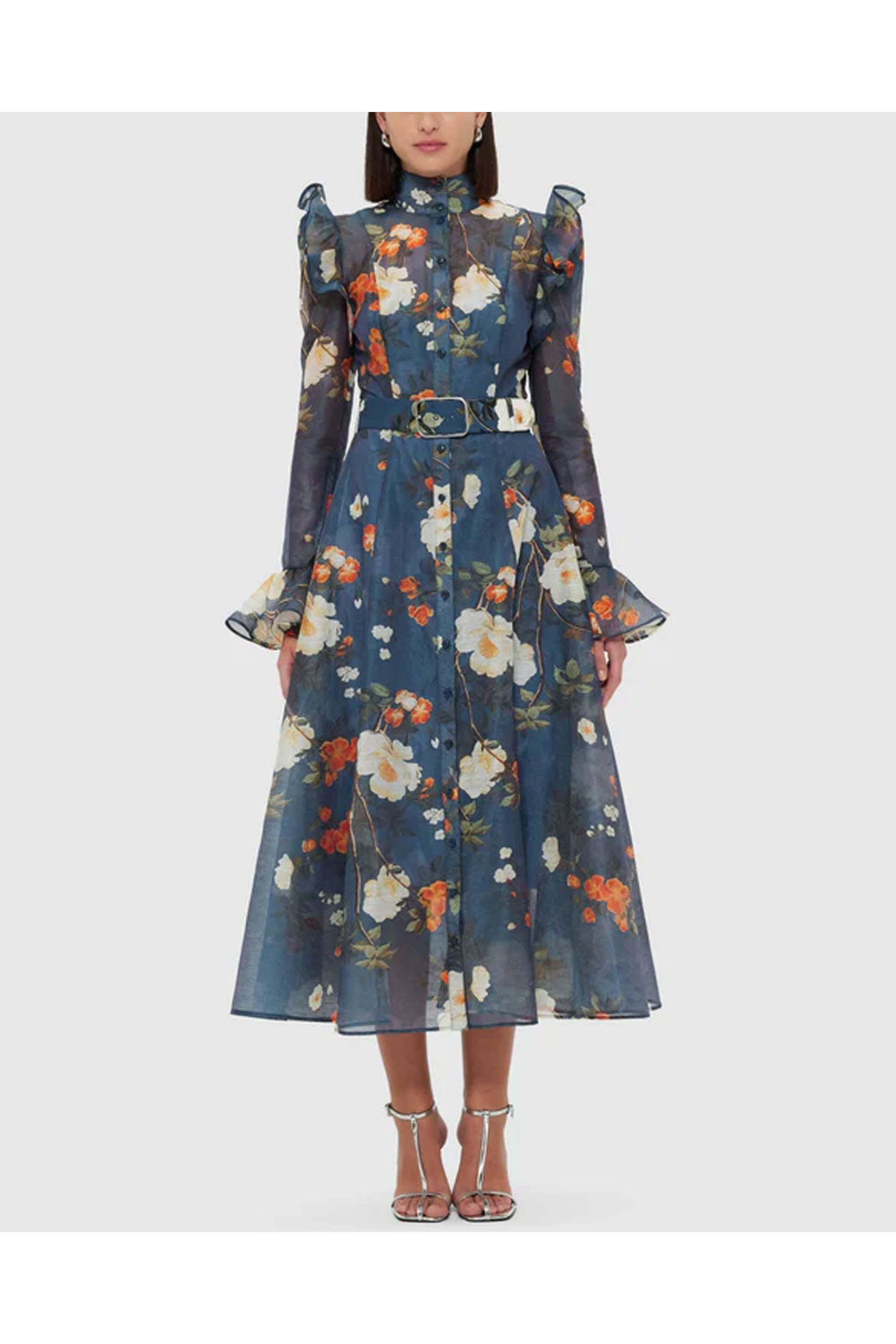 Leo Lin - Pear Blossom Print Katrina Butterfly Sleeve Midi