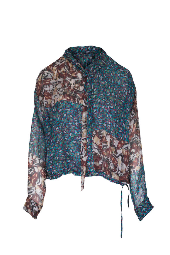 Dries Van Noten Petrol Mini Marbled Clay Print Silk Blouse - view 1
