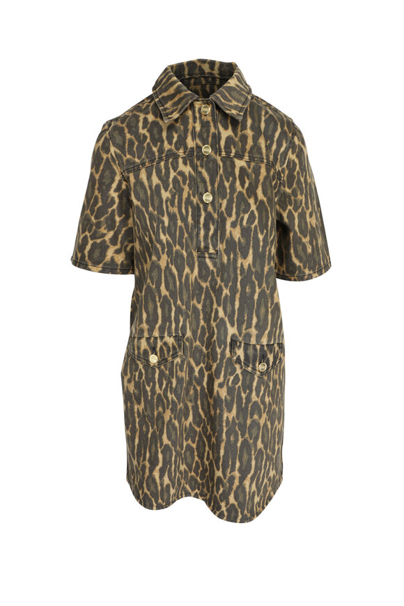 Ganni Khaki Leopard Denim Mini Dress