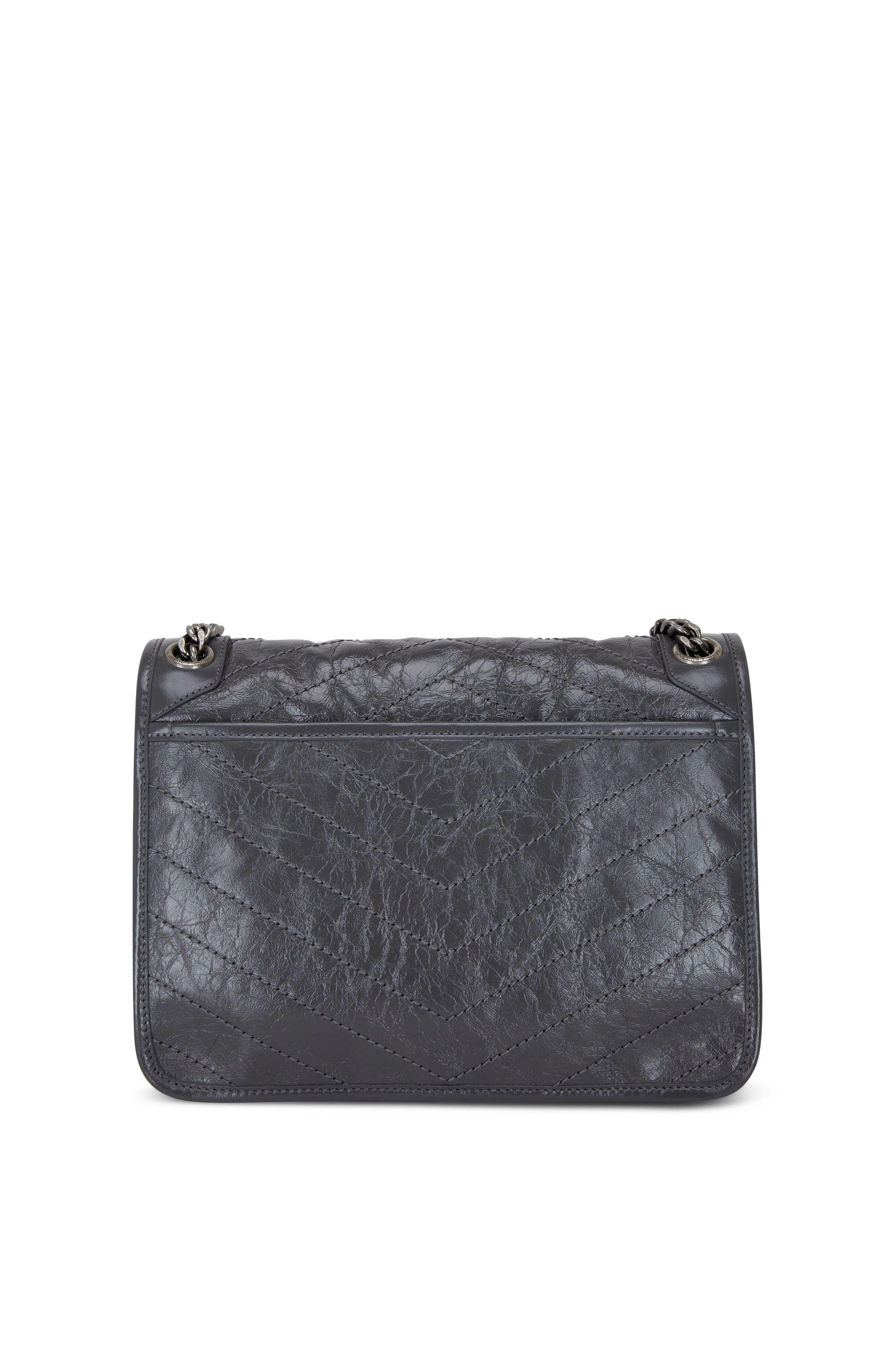 Saint Laurent - Niki Storm Gray Crinkle Leather Medium Bag