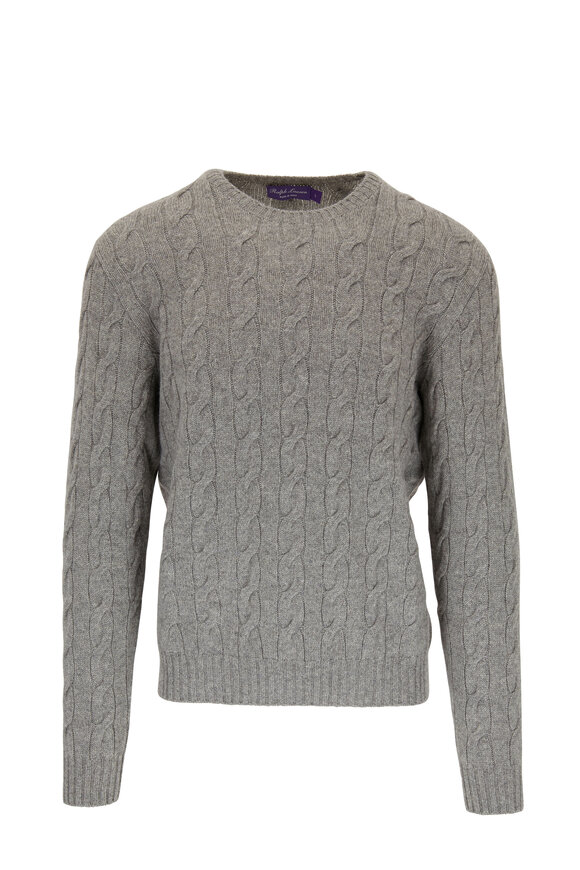 Ralph Lauren Purple Label - Light Gray Cashmere Cable Knit Crewneck Sweater