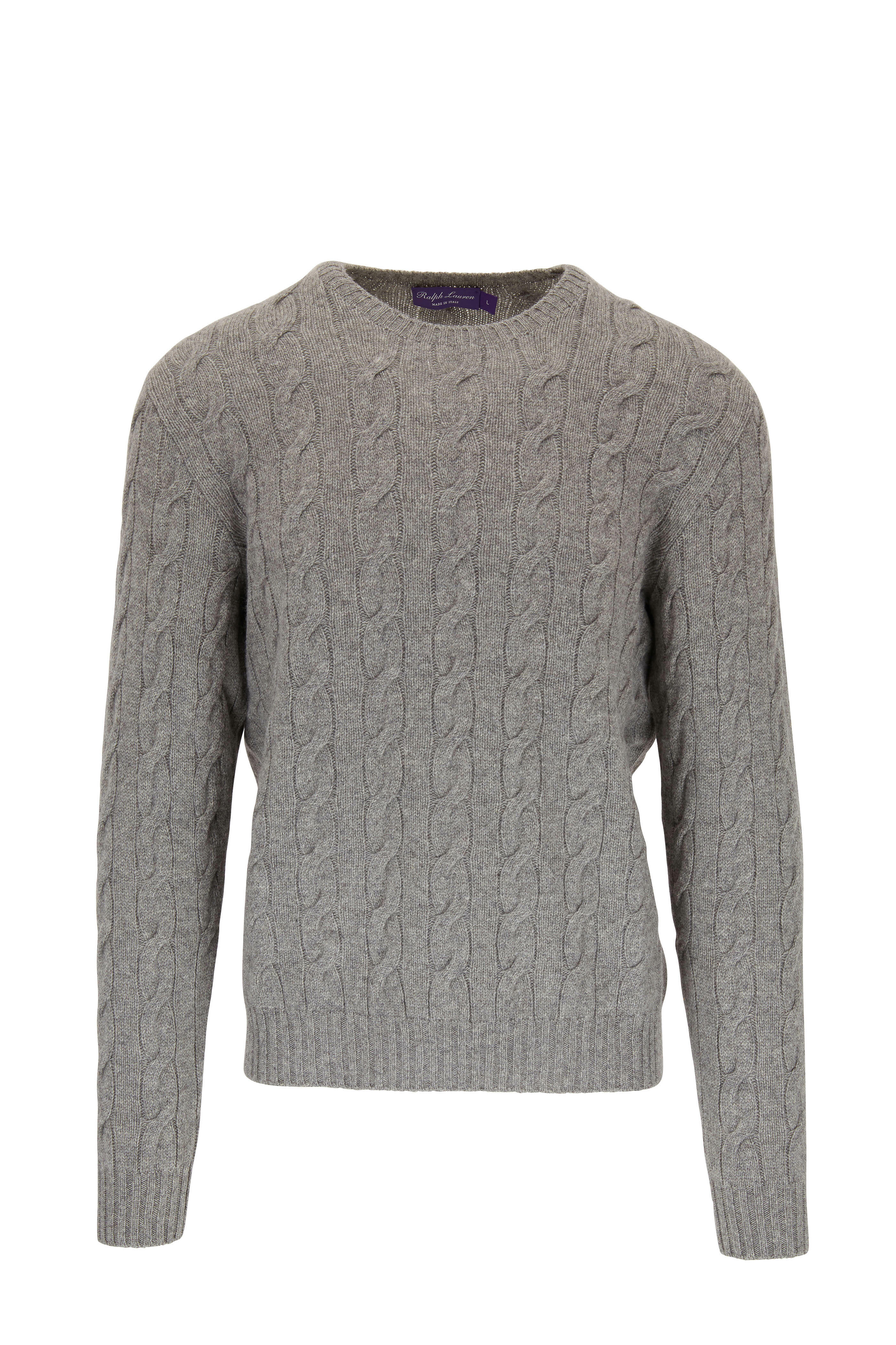 Overgivelse Bore hellig Ralph Lauren Purple Label - Light Gray Cashmere Cable Knit Crewneck Sweater