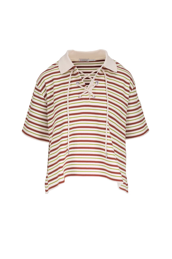 Moncler Cream, Green & Brown Stripe Lace Up Polo Shirt