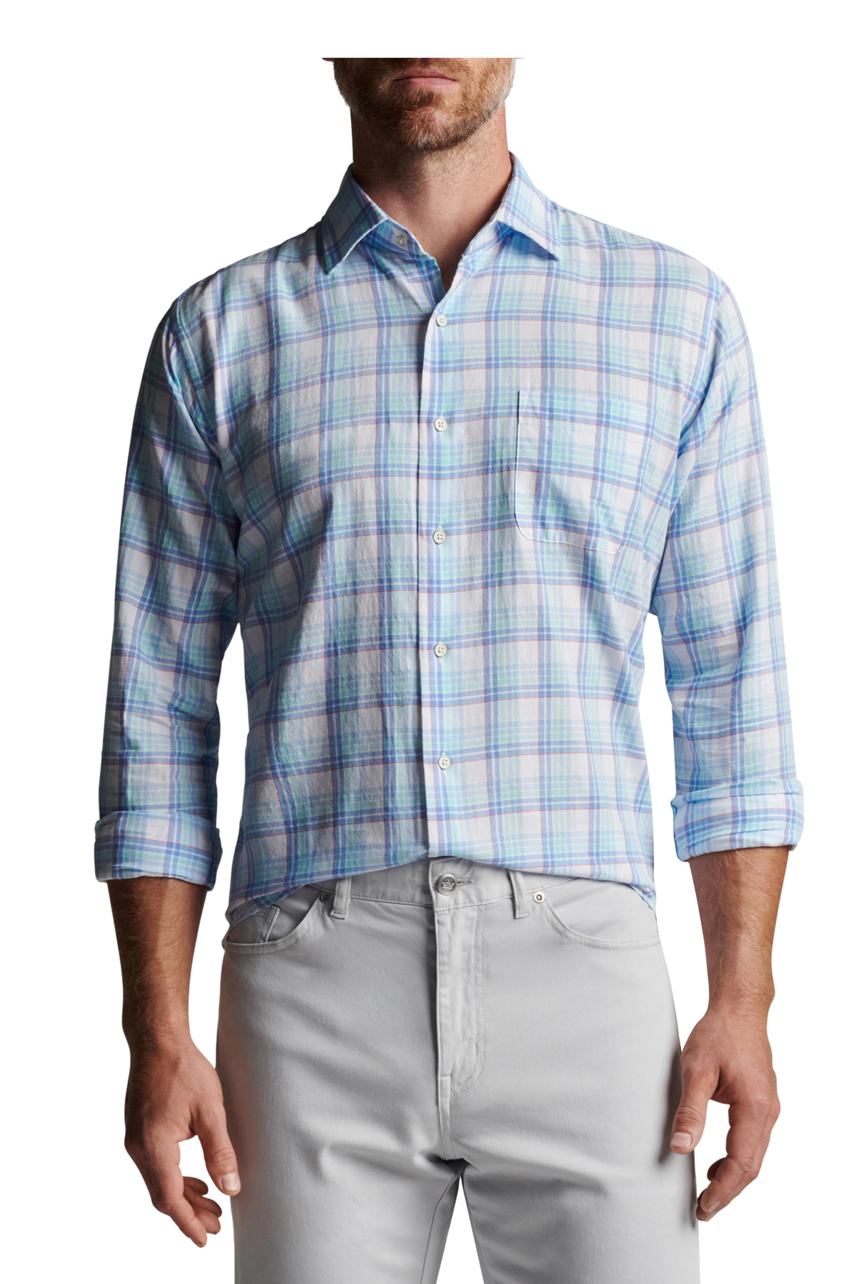 Peter Millar - Pearl Bay Blue Sound Plaid Cotton Sport Shirt