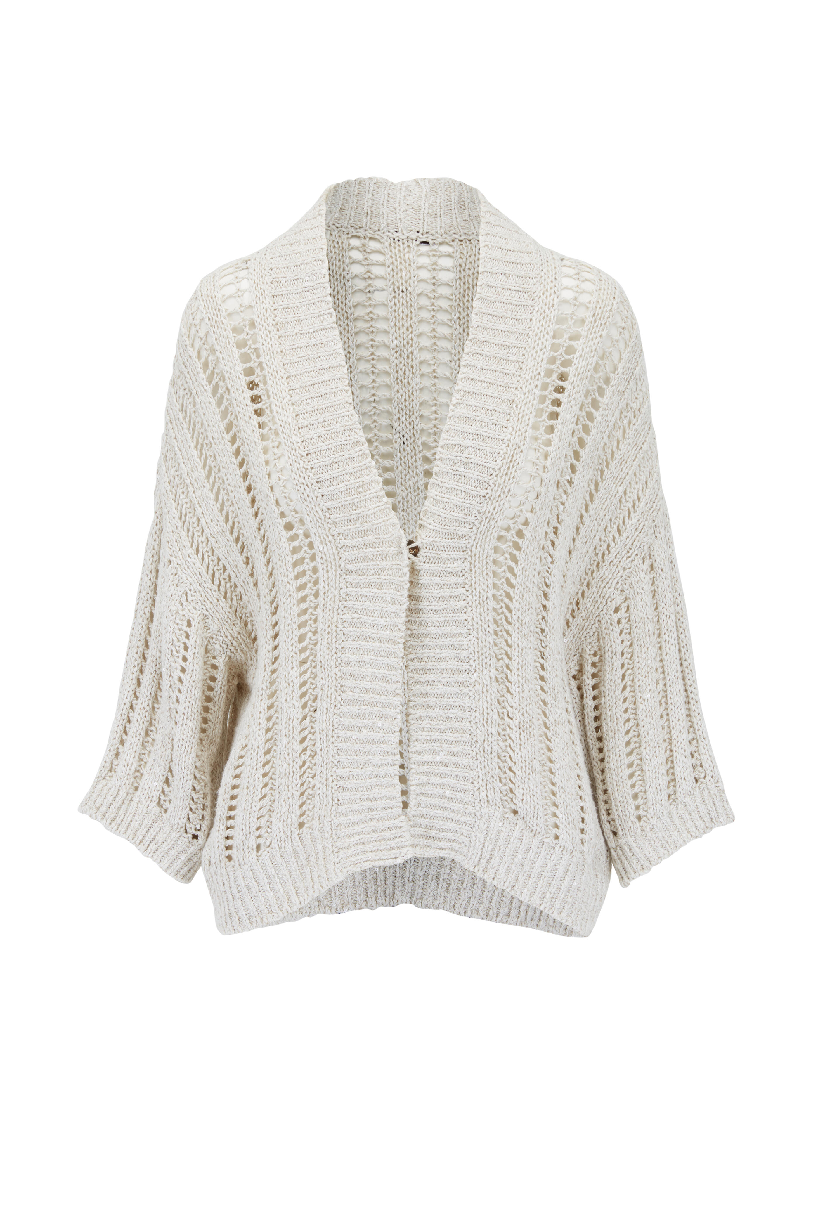 ブルネロ クチネリ ベージュ ラメ コットン 綿 カーディガン ボレロ 半袖 Brunello Cucinelli - Beige Panama Sequin Knit Cardigan