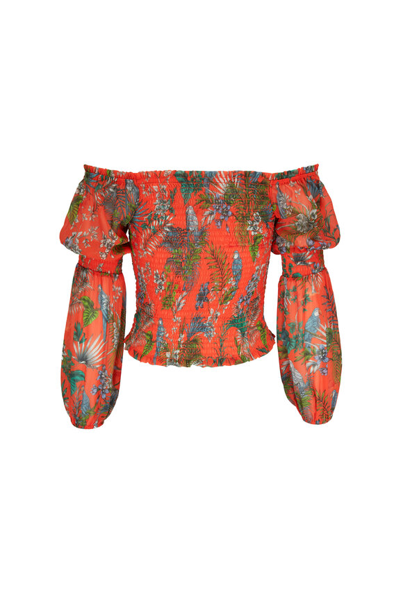 L'Agence - Cece Orange Multi Parrot Smocked Top