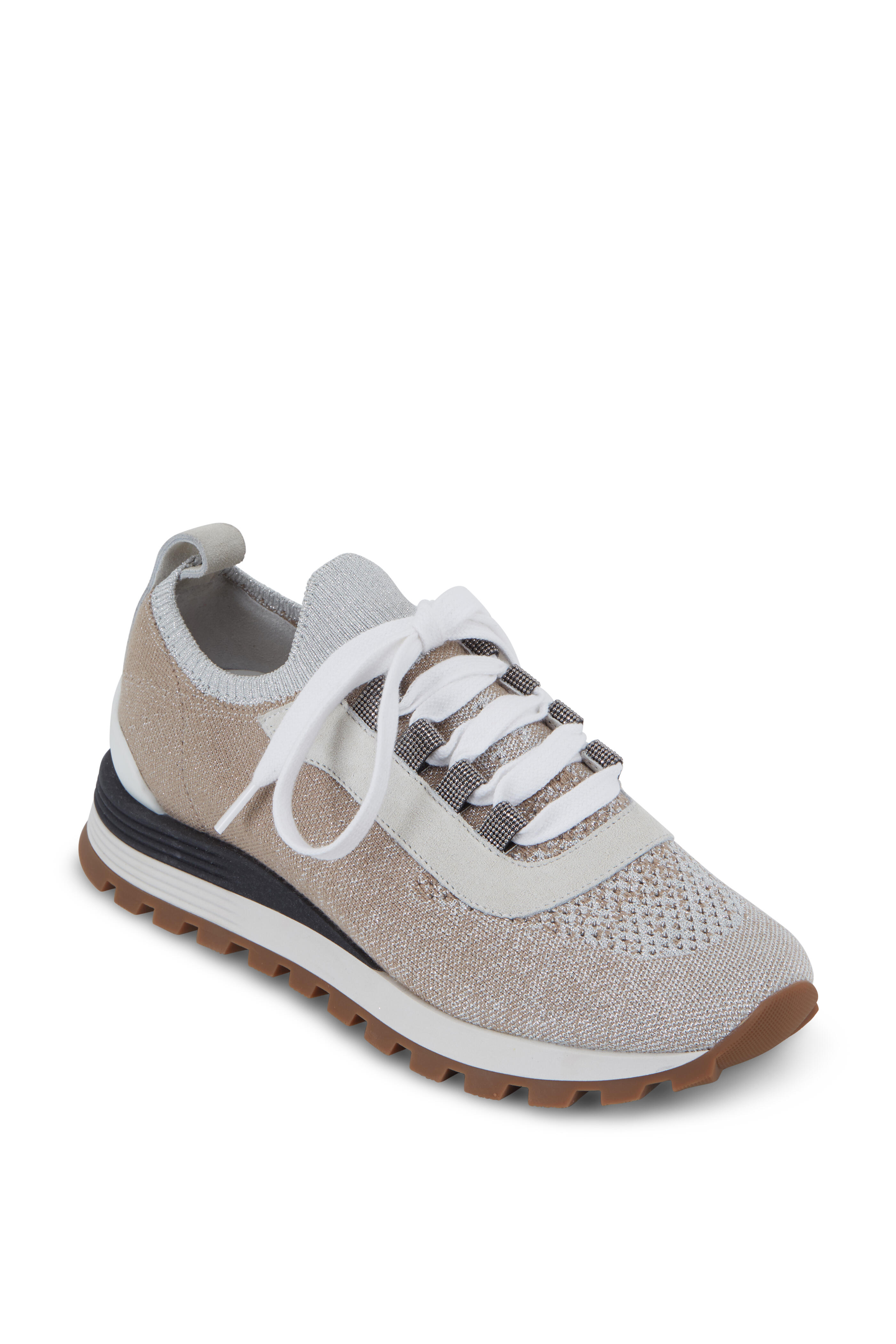【関税&送料込み】Brunello Cucinelli Monile Knit Sneakers Brunello Cucinelli - Silver Brown Knit Sock Monili Sneaker