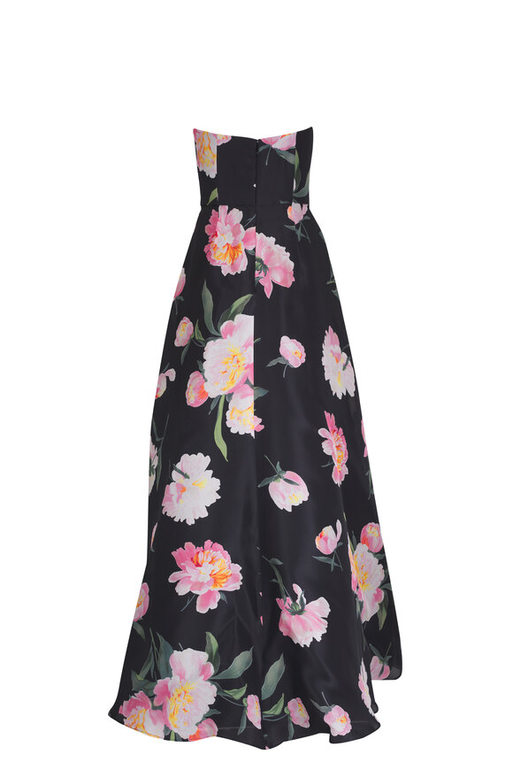 Carolina Herrera - Black Peony Floral Print Strapless A-line Gown