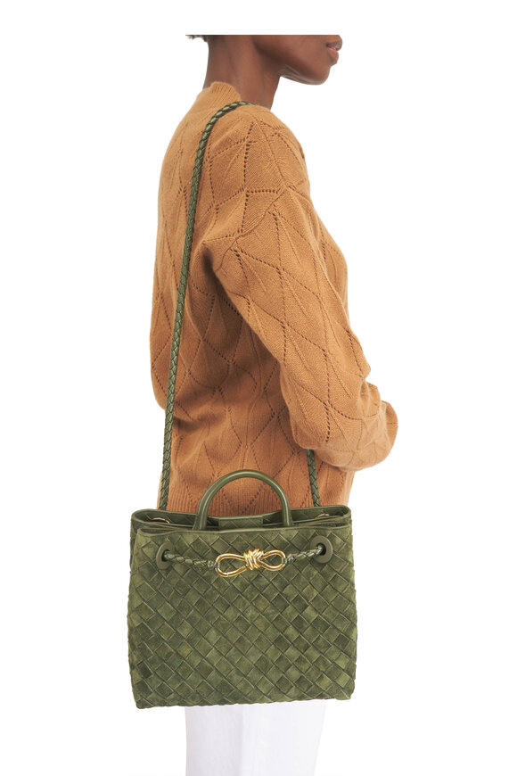Bottega Veneta Small Andiamo Green Tweed Intrecciato Suede Bag - view 2
