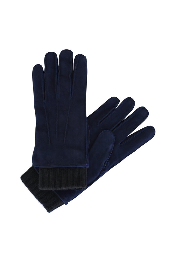 Brioni Navy Suede Rib-Knit Gloves 