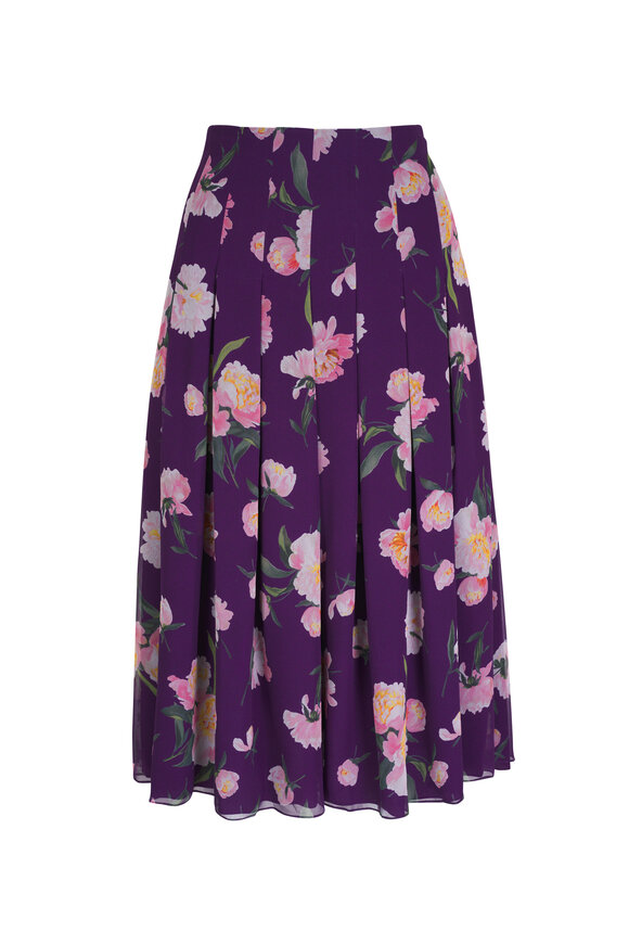 Carolina Herrera Fig Floral Pleated Silk Midi Skirt 