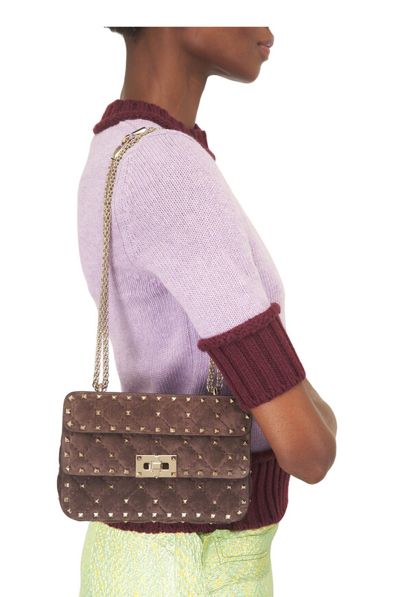 Valentino Garavani Small Rockstud Brown Suede Chain Bag - view 3