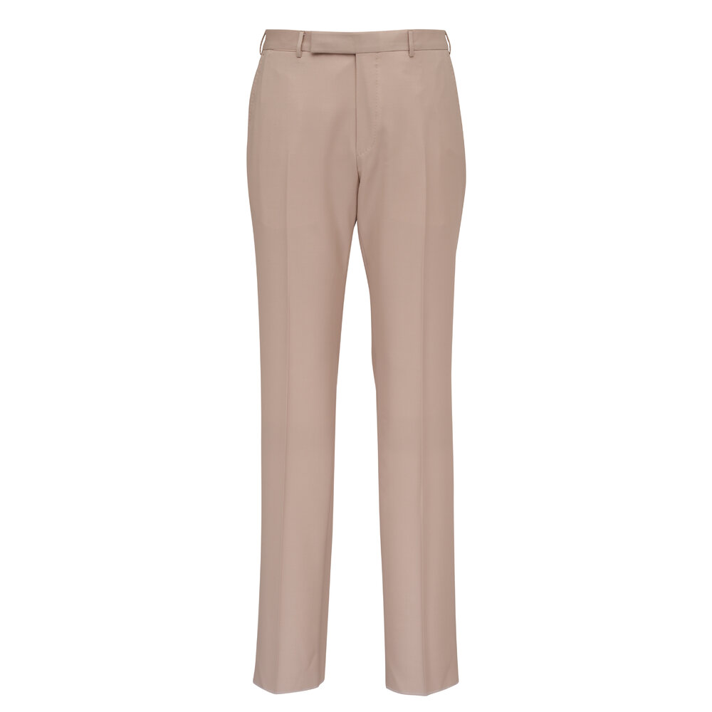 Zegna - Solid Beige Wool Dress Pant | Mitchell Stores
