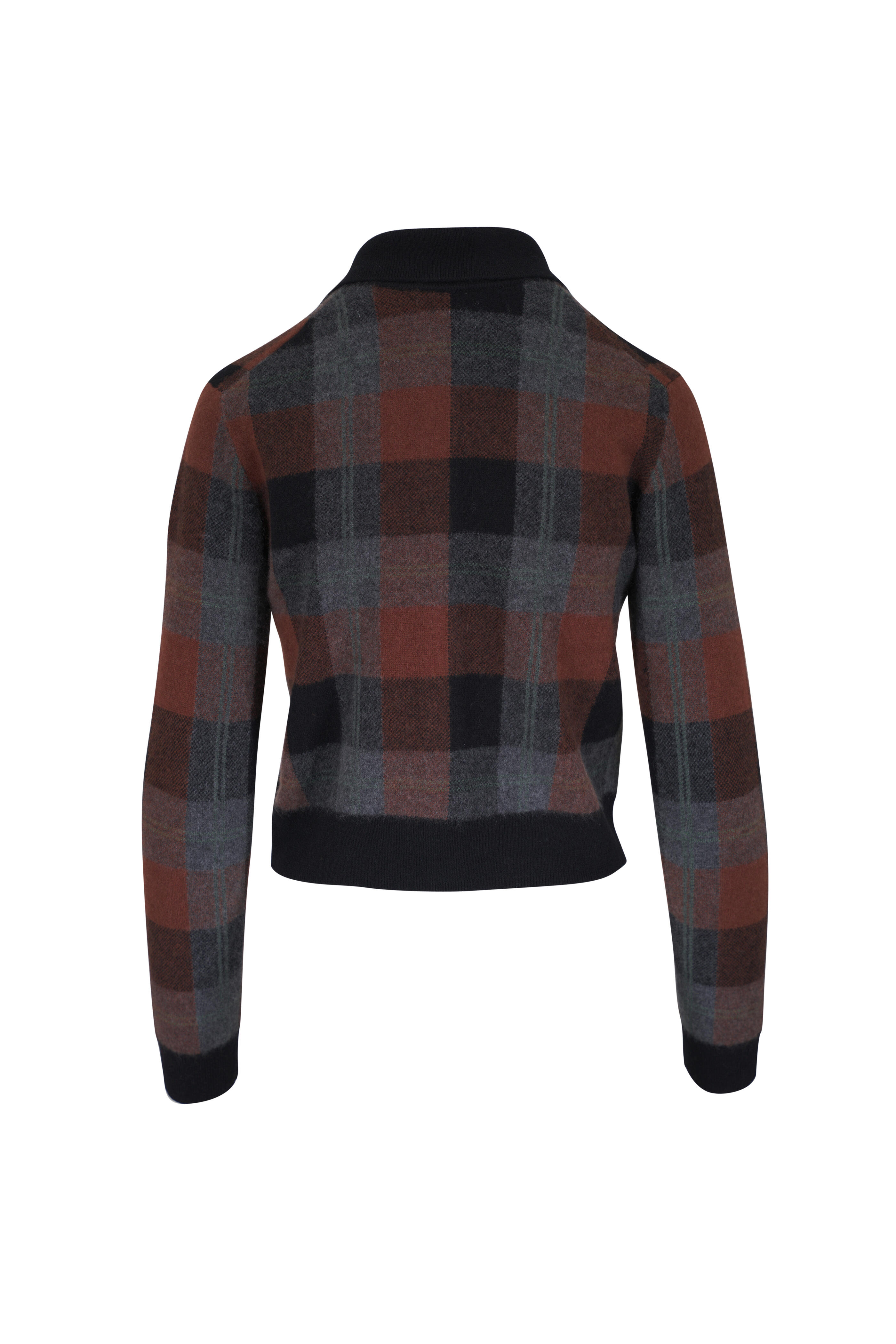 Vince - Black & Cacao Multi Plaid Cashmere Polo Cardigan