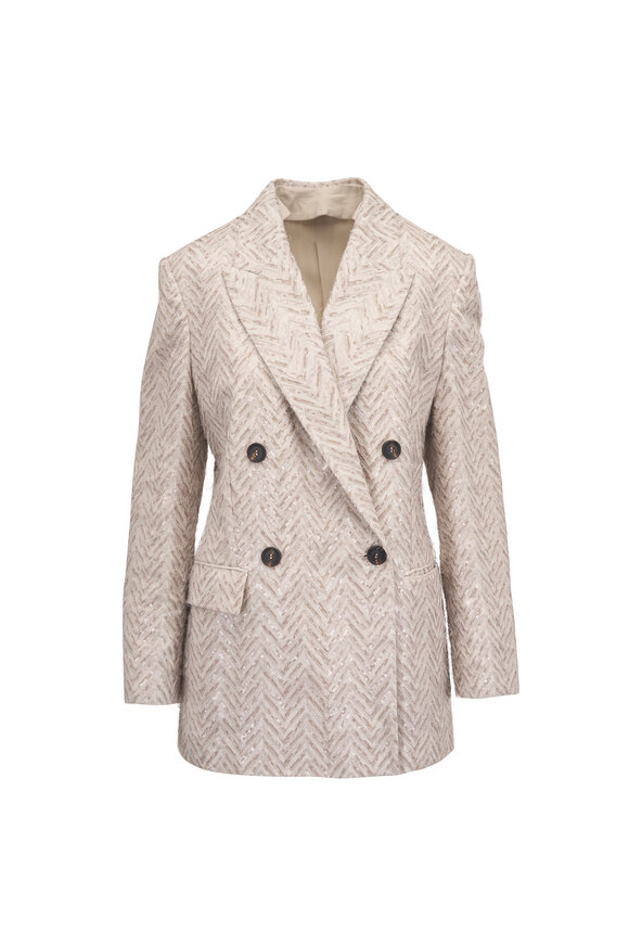 Brunello Cucinelli Jute Chevron Double Breasted Embroidered Jacket