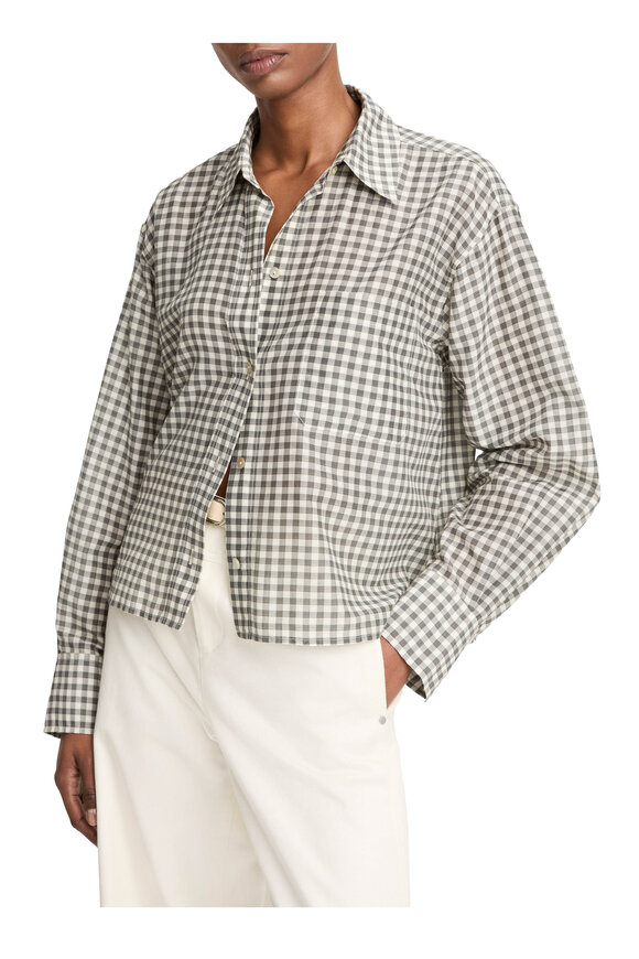 Vince Off White & Gray Gingham Cropped Button Up Shirt - view 2
