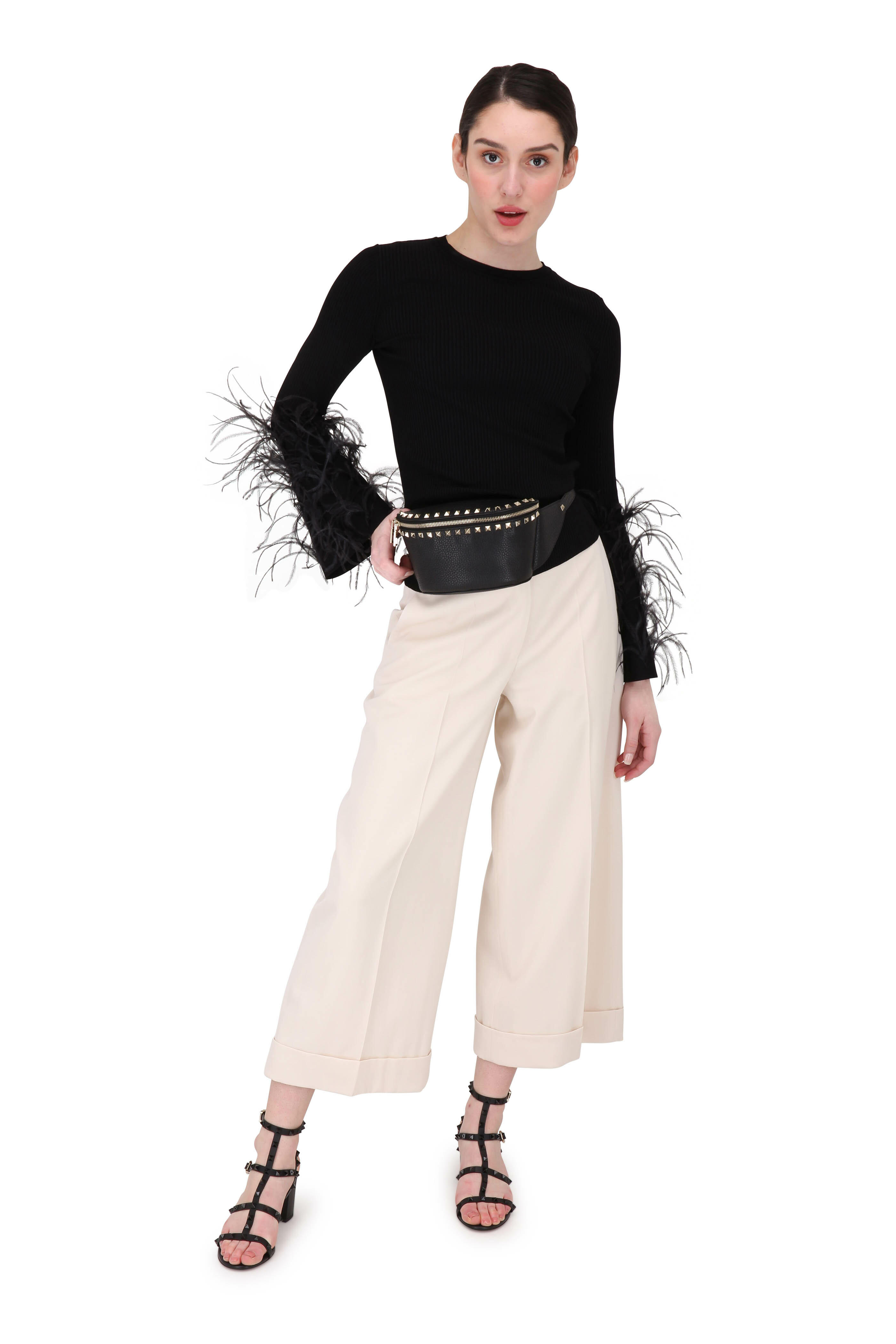 Valentino - Black Knit Ribbed Feather Sleeve Top