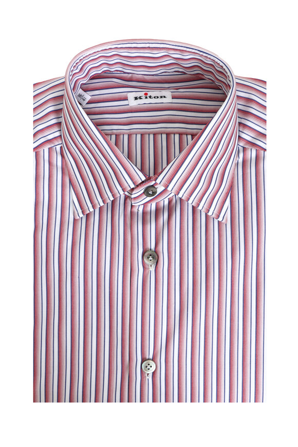 Kiton Navy & Red Multi Stripe Cotton Sport Shirt