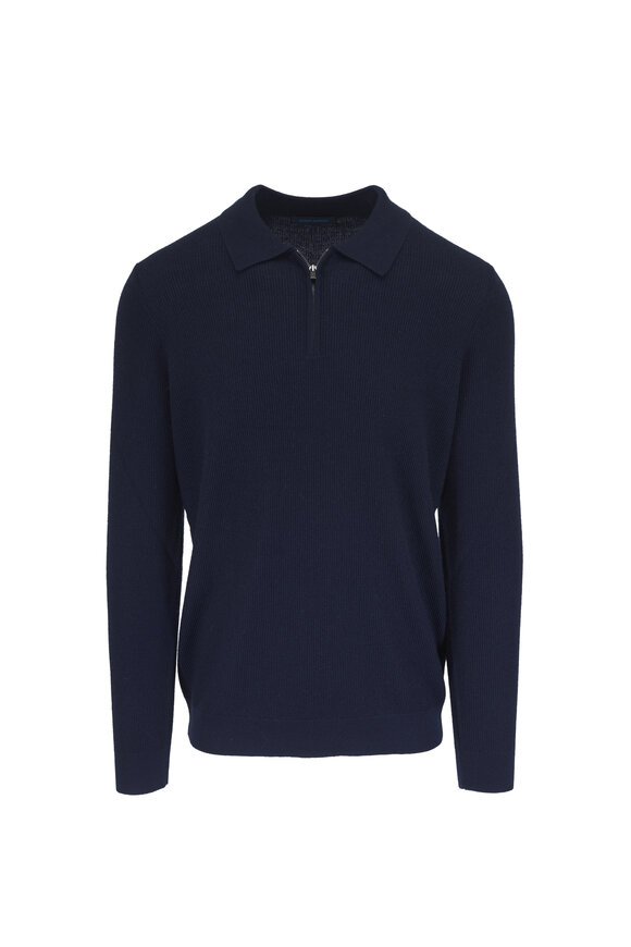 Patrick Assaraf Midnight Blue Wool Rib Knit Quarter Zip Polo - view 1