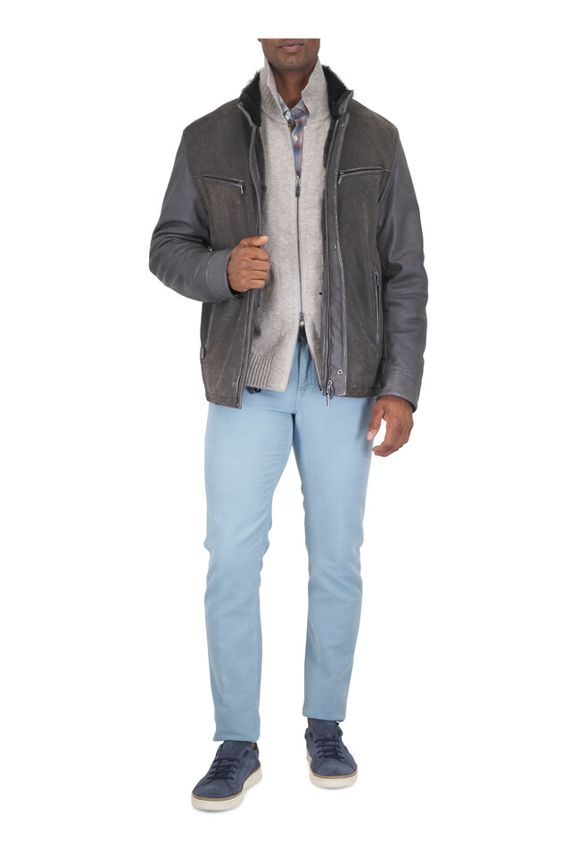 Designer outfit featuring Tan Winter Mouline Zip Cardigan, Gray Multicolor Check Cotton Sport Shirt and 1 other piece