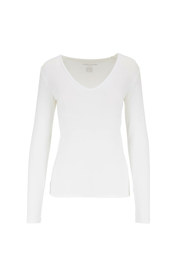 Majestic - White Superwashed V-Neck Long Sleeve T-Shirt