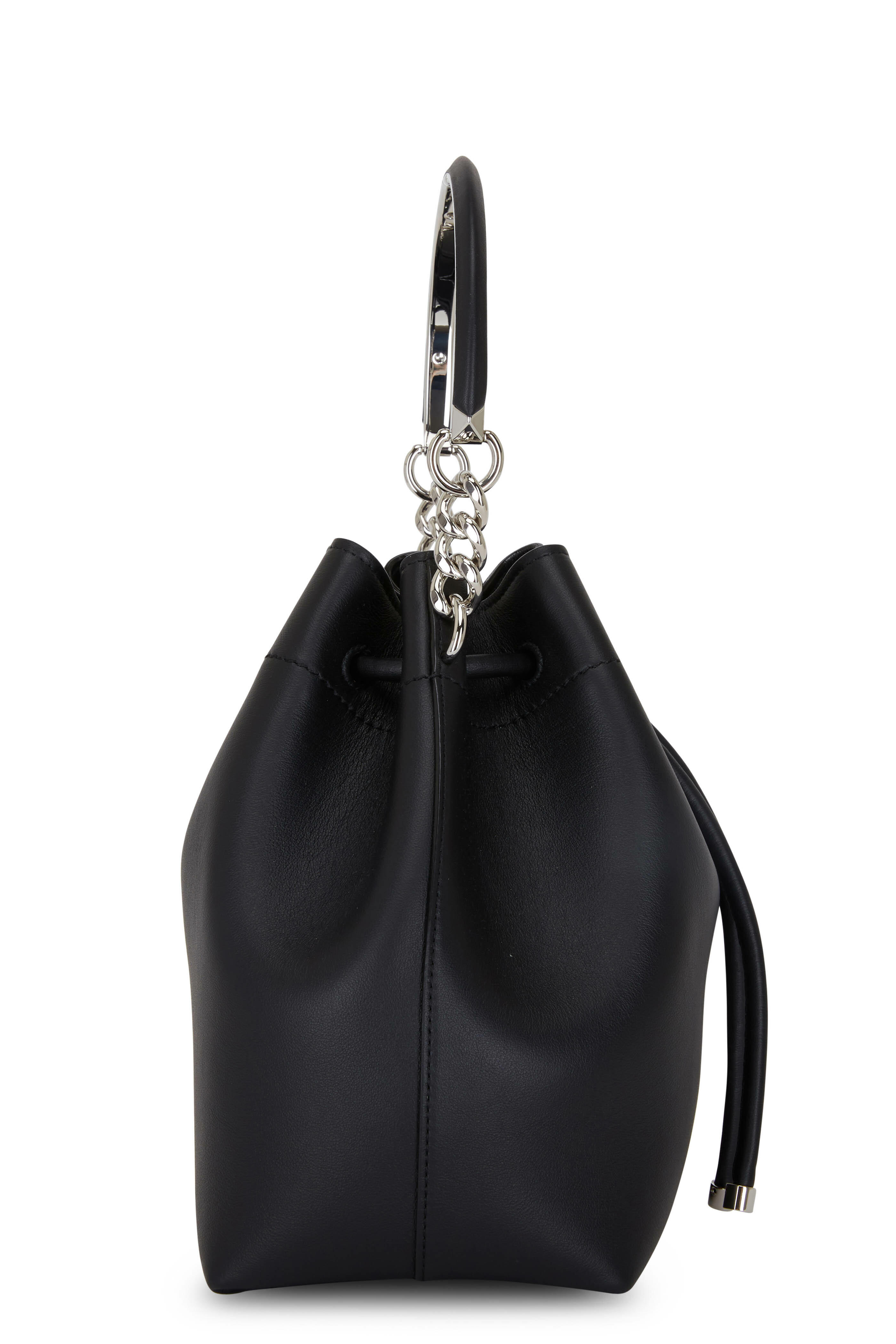 【JIMMY CHOO】BON BON LEATHER BUCKET BAG BLACK Bon Bon | Black Satin Bucket Bag with Metal Flowers | JIMMY CHOO